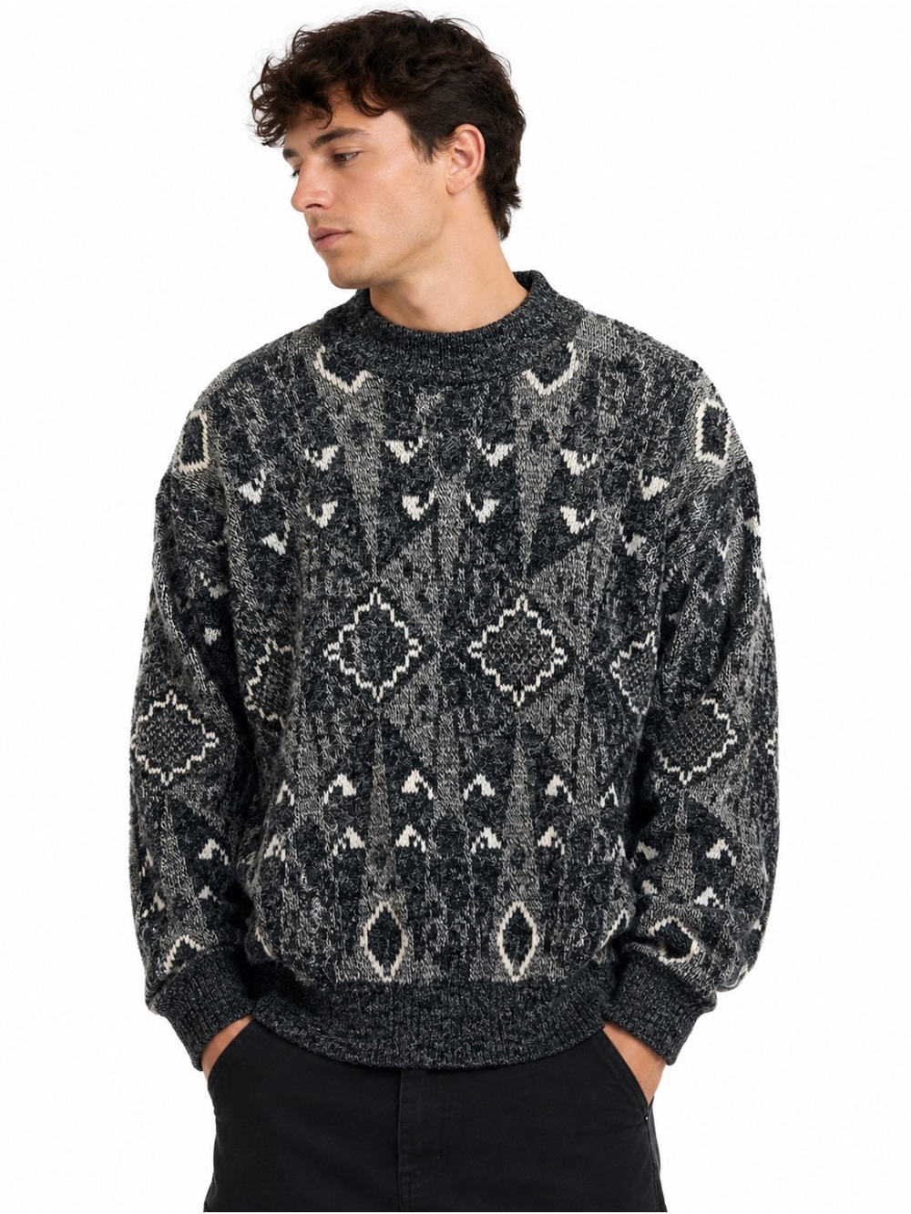 Vintage 80’s Santana Ltd Black Gray Geometric L Knit Wool Sweater Made in Korea
